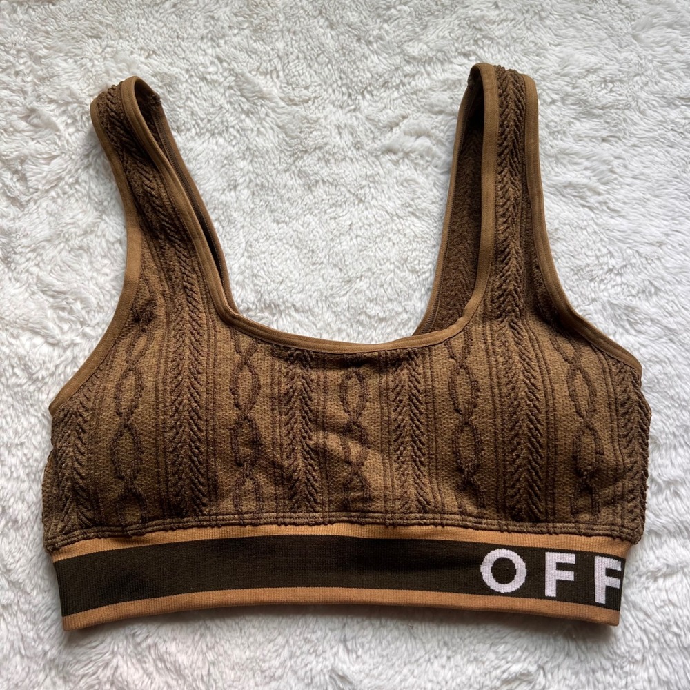 Aerie Offline Womens Brown Cable Knit Branded Underband Sports Bra Top Scoop Gym